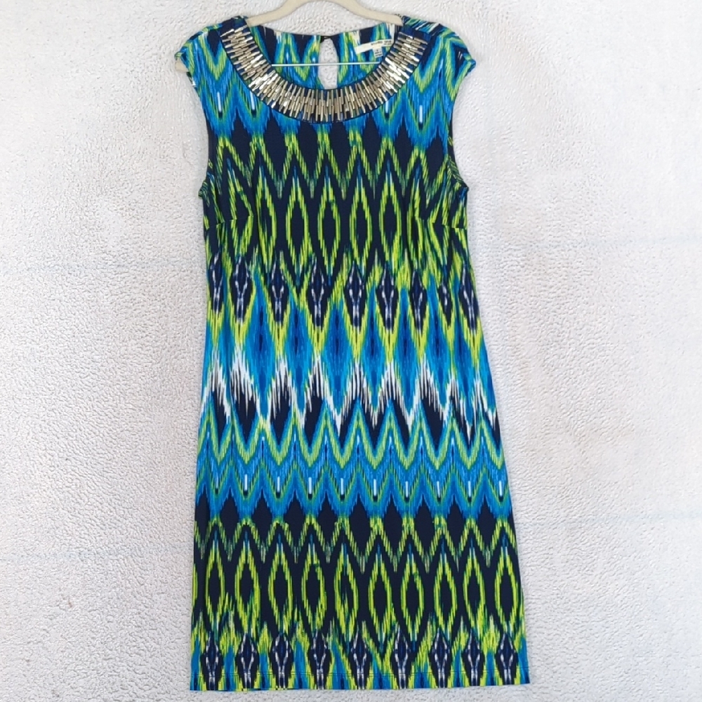 Studio One Women's Green & Blue Patterned Knee Length Sheath‎ Dress Size S